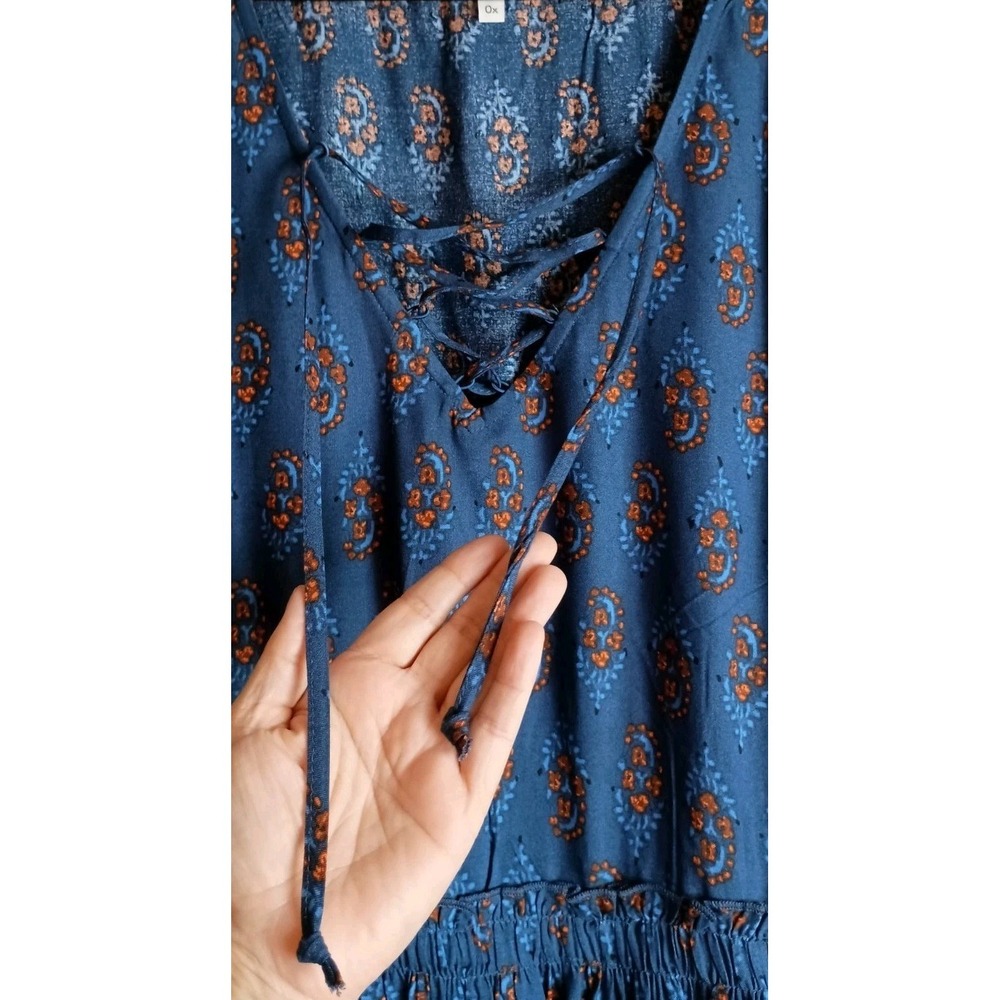 Maurices NWOT 0X 14W Boho Lace-Up Peplum Tank Top Folk Border Print Blue - Picture 7 of 11